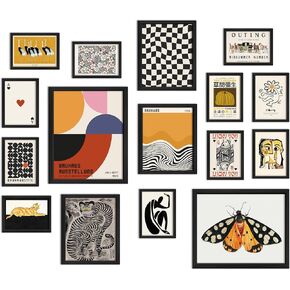 ANERZA 16 PCS Framed Eclectic Wall Art Decor, Modern Maximalist Wall Prints for Bedroom, Gallery Wall Frame Set, Bauhaus Posters for Living Room Aesthetic, Wall Collage Kit, Funky Dorm Home Decor
