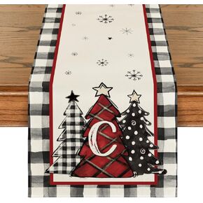 Artoid Mode Monogram Letter C Buffalo Plaid Xmas Trees Christmas Table Runner, Seasonal Winter Kitchen Dining Table Decoration for Home Party Decor 13x72 Inch