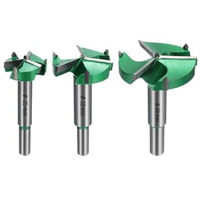 HARFINGTON 3pcs Forstner Drill Bit Set 1-3/8" 1-31/32" 2-3/8" (35mm 50mm 60mm) Carbide Upgraded 3 Flutes Wood Hinge Drill Bits Opener Cutter for Hole Drilling Woodworking, Green