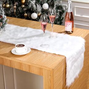 Christmas Table Runner 108 Inches White Faux Fur Table Runner Winter Snowy Table Runner Soft Plush Christmas Decorations for Christmas Party Birthday Dinning Table,14 x 108 Inch
