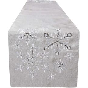 OWENIE Christmas Table Runners, Snowflake Silver Grey Table Runner, Xmas Holiday Tabletop Decor, Embroidery Table Centerpieces with Sequins and Diamonds, Glittering Winter Home Decorations, 14X70 Inch