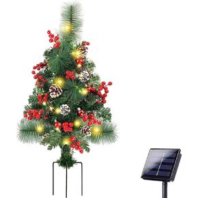 Solar Christmas Tree Lights, Pre Lit Christmas Tree with Stake, Christmas Tree with LED Lights Red Berries Pine Ones Red Ball Ornaments, Garden Landscape Decorative Lights for Driveway, Yard(Solar-1)