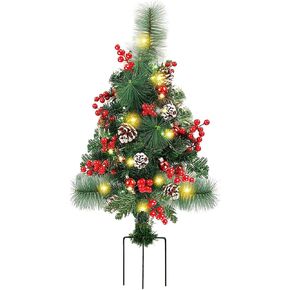 Solar Christmas Tree Lights, Pre Lit Christmas Tree with Stake, Christmas Tree with LED Lights Red Berries Pine Ones Red Ball Ornaments, Garden Landscape Decorative Lights for Driveway, Yard(Solar-1)