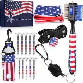 15PCS American Flag Golf Accessories Kit, Include Golf Towel Plastic Golf Tee Golf Ball Bag with Hook Golf Divot Tool with Magnetic Ball Marker Golf Club Brush Golf Gifts for Men