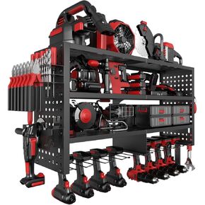 Power Tool Organizer Wall Mount, Heavy Duty 4-Tier Garage Storage Rack with Hooks and Cordless Drill Holder, Utility Racks for Screwdrivers, Pliers, Hammers,AngleGrinder, Shelf for Workbench