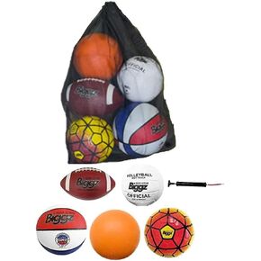 Biggz Bag of Sport Balls – Basketball, Soccer Ball, Football, Volleyball, Playground Ball, and Pump