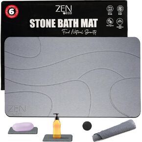 Bathroom Stone Mat Quick Dry (6-Piece) – Quick Dry Stone Bath mat with 1X Soft Diatomaceous Earth Bath Mat & 2X Stone Dish – Non-Slip Stone Shower Mat (23.5" x 15.5") Grey