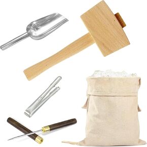 5Pcs Lewis Bags and Ice Mallet Set, Canvas Crushed Ice Bags, Wooden Mallet Bar, Steel Ice Scoop and Ice Tongs, Ice Breaker Needle, Bartender Kit & Bar Tools Kitchen Accessory