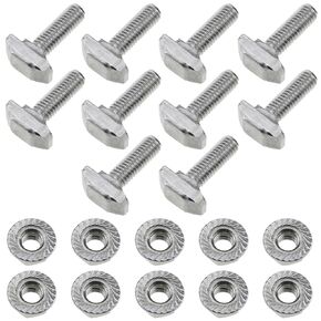 10 Sets Silver 304 Stainless Steel M6x20mm T Bolt and 304 Stainless Steel M6 Flange Nut Industrial Aluminium Profile Fitting for 3D Printing Equipment and Engraving Machinery Installation