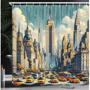 Ambesonne Urban Art Shower Curtain, Big City Scene Rush Hour Taxi Cars Skyscrapers NYC Street Inspired, Cloth Fabric Bathroom Decor Set with Hooks, 69" W x 70" L, Orange Ecru Cadet Blue