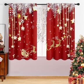 Yinhua Christmas Blackout Curtains 63 inch Length 2 Panels Set, Christmas Curtains for Livingroom 2 Panels String of Stars Red Christmas Curtains Room Darkening Curtains for Bedroom 52×63 in