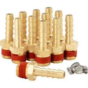 1/4 Inch Air Hose Brab Fittings, SUNGATOR 12-Pack 1/4 Inch Barb × 1/4 Inch NPT Male Thread Brass Air Hose Fittings with Sealant, 1/4'' Barbed Air Hose Repair Connectors with 12 Pcs Hose Clamps
