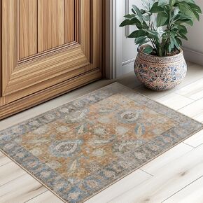 Boho 2x6 Runner Rug Washable Runner Rug Low Pile Carpet Non-Shedding High Traffic Area Rugs for Living Room Bedroom Kitchen Dining Room Entrance Indoor-Brick/Blue