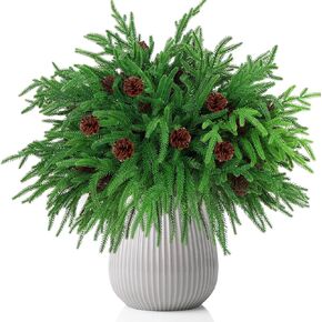 12 Pcs Christmas Norfolk Pine Stems with Pine Cones, 18" Artificial Real Touch Norfolk Pine Branches, Greenery Stems for Christmas Home Decorations