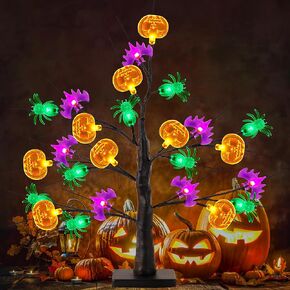 Halloween Table Decor 18 Inch Black Halloween Tree with 24 LED Pumpkin Bat Spider Light, Battery/USB Operated Lighted Birch Tree Spooky Halloween Willow Tree Decor Indoor Outdoor Home Party