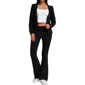 Women's 2-Piece Lounge Outfit-Lightweight Zip-Up Hoodie with Pockets & Low Rise Flare Leggings Yoga Sweatsuit Set