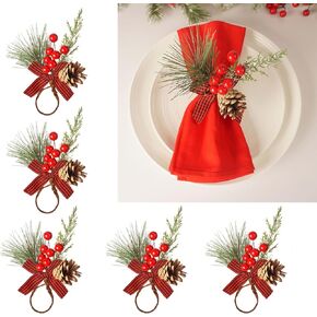 Christmas Napkin Rings Set of 6 Pine Cone Napkin Rings with Berries Xmas Serviette Buckle Holder for Christmas Holiday Dinner Party Banquet Table Decoration