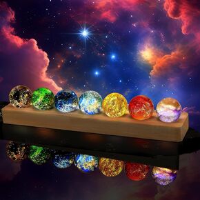 7 Chakra Natural Healing Spheres, LED Wooden Stand, 7 Colors 40mm Crystal Quartz Stones and Healing Stones for Meditation Attracts Lucky Chakra Decor Balls Set for Home Office