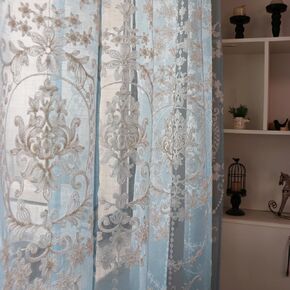 SLOW SOUL Set of 2 Panels Linen Texture Cotton Embroidered Sheer Curtains for Bedroom Living Room Window Treatments Farmhouse European Fancy Lace Curtain Rod Pocket Blue 54W X 72 inch Length