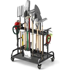 huyear Garden Tool Organizer, Garden Tool Rack with Wheels for Garage Organization and Storage for Garage, Tools, Shed, Yard, Outdoor, Black