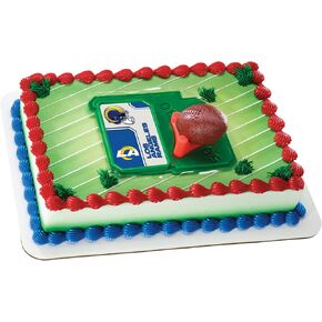DECOSET NFL Los Angeles Rams Football & Tee Cake Decorations, 3-Pc, Cake Topper with Field & Team Sticker, Tee & Football, Licensed Product Of The NFL, Birthday Cake Decorations For After Party Fun