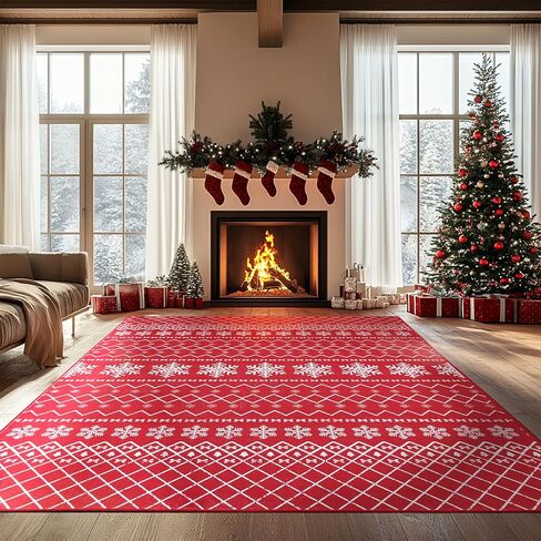 Large 8x10 Christmas Ruggable Rugs Living Room Washable Rug Non Slip Red Carpet Holiday Decor Ultra Soft Xmas Rug for Bedroom Dining Room Home Office Under Table(Snowflake Red,8x10ft) in Saudi Arabia