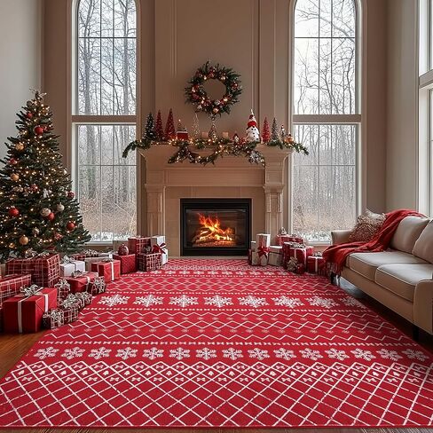 Large 8x10 Christmas Ruggable Rugs Living Room Washable Rug Non Slip Red Carpet Holiday Decor Ultra Soft Xmas Rug for Bedroom Dining Room Home Office Under Table(Snowflake Red,8x10ft) in Saudi Arabia