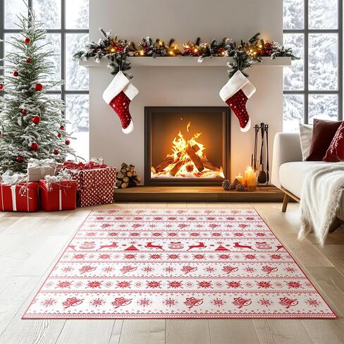 Large 8x10 Christmas Ruggable Rugs Living Room Washable Rug Non Slip Red Carpet Holiday Decor Ultra Soft Xmas Rug for Bedroom Dining Room Home Office Under Table(Snowflake Red,8x10ft) in Saudi Arabia