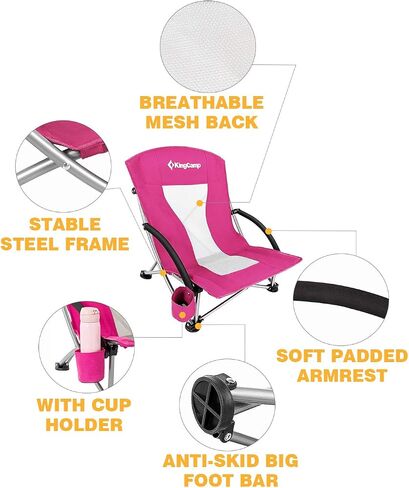 KingCamp Low Folding Beach Chairs for Adults,Portable Lightweight Lowback Sling Chair with Headrest,Cup Holder,Carry Bag Armrest,Foldable Chair for Sand Camping Concert Travel,300LBS in Saudi Arabia