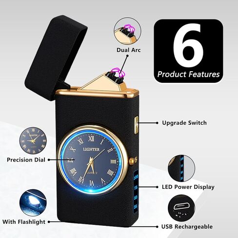 ولاعة رائعة مع ولاعة كهربائية بقرص الساعة مع شاشة عرض طاقة LED ولاعة بلازما مقاومة للرياح USB قابلة لإعادة الشحن هدايا للرجال والنساء (BlackDragon) in Kuwait
