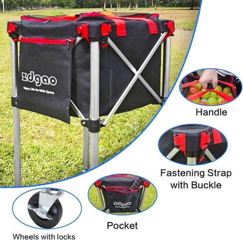 Zdgao Pickleball Tennis Ball Hopper-Foldable Lightweight Tennis Ball Basket Holds 160 Pickleballs with Removable Bag,Wheel,Side Pocket for Training/Teaching, for Tennis/Baseball/Softball/Pickleball in Kuwait