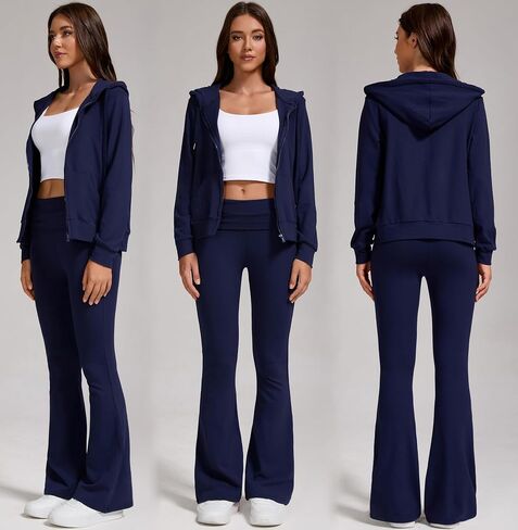 Women's 2-Piece Lounge Outfit-Lightweight Zip-Up Hoodie with Pockets & Low Rise Flare Leggings Yoga Sweatsuit Set in Saudi Arabia