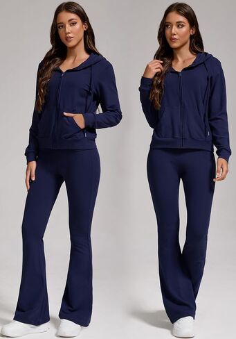 Women's 2-Piece Lounge Outfit-Lightweight Zip-Up Hoodie with Pockets & Low Rise Flare Leggings Yoga Sweatsuit Set in Saudi Arabia