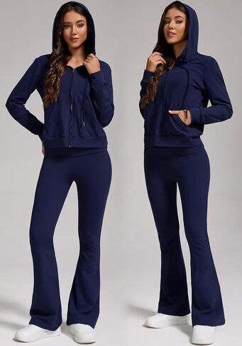 Women's 2-Piece Lounge Outfit-Lightweight Zip-Up Hoodie with Pockets & Low Rise Flare Leggings Yoga Sweatsuit Set in Saudi Arabia