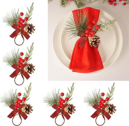 Christmas Napkin Rings Set of 6 Pine Cone Napkin Rings with Berries Xmas Serviette Buckle Holder for Christmas Holiday Dinner Party Banquet Table Decoration in Saudi Arabia