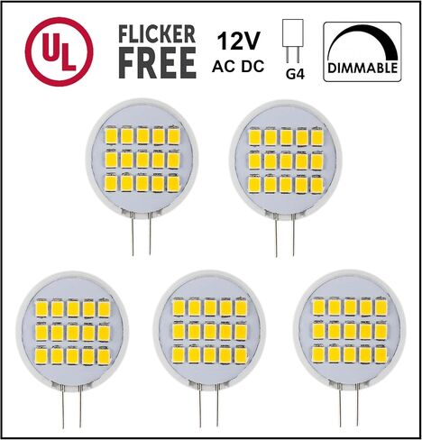 UL Listed, SidePin G4 LED Light Bulb, 5 Pack, 1.8 Watt, Dimmable,220 Lumen, Warm White 3000K, 180 Degree Beam Angle, 12 Volt, 20W Equivalent, G4 Bi Pin Base Halogen Replacement Bulb in Saudi Arabia