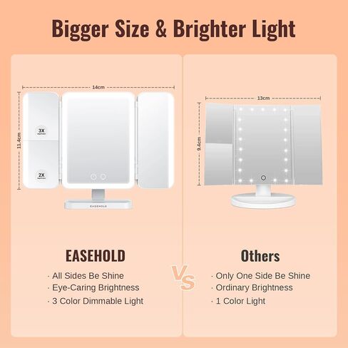 EASEHOLD Lighted Makeup Mirror with Magnification, Makeup Mirror with ligths, 2X 3X 10X Magnifying, Rechargable LED Mirror with 3 Colors Lights for Makeup Desk, Gifts for Women in Saudi Arabia