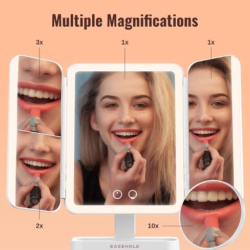 EASEHOLD Lighted Makeup Mirror with Magnification, Makeup Mirror with ligths, 2X 3X 10X Magnifying, Rechargable LED Mirror with 3 Colors Lights for Makeup Desk, Gifts for Women in Saudi Arabia