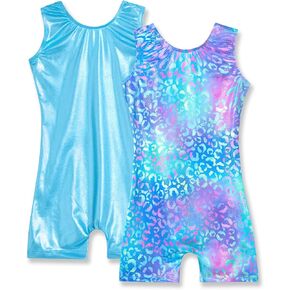 Nymphperi 2 Packs Gymnastics Leotard for Girls Sparkle Biketards with Shorts Kids Sleeveless Unitard One-Piece Dancewear