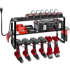Power Tool Organizer Wall Mount with Charging Station, Garage 6 Drill Holder Storage Shelf with Hammer, Screwdriver, Plier Heavy Duty Rack, Tool Battery Holder Built in 8 Outlet Power Strip