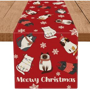 Cat Christmas Table Runner Meowy Christmas Snowflake Red Table Decoration for Winter Xmas Holiday Kitchen Dining Home Party 13x72 Inch