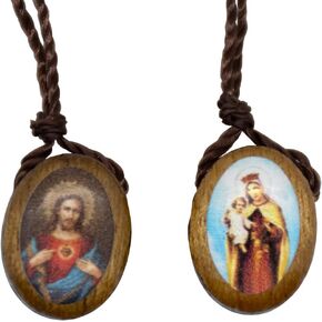 Wooden Scapular Necklace with Wooden Tag Pendants | Beautiful Art of the Sacred Heart and Madonna and Child | Great Catholic Gift for First Communion and Confirmation