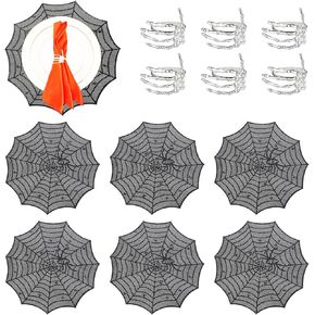 12 Pcs Halloween Skeleton Hand Napkin Rings with Spider Web Placemats 15 in Heat Insulation Halloween Placemats 2.5 in Halloween Silver Napkin Rings for Halloween Family Party Table Decor Supplies