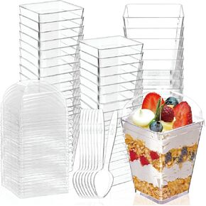 50Pack 5oz Clear Plastic Dessert Cups with Lids and Spoons, Reusable Square Parfait Appetizer Cups, Party Trifle Shooter Serving Cups, Mini Dessert Shot Glasses for Tasting