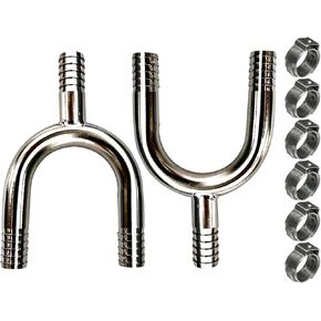 tsingseen life 2 pcs Stainless Steel 3/8" Hose Barb, 3 Way Y Shape Barbed Splitter Fitting & 17.0 Oeticker Clamps x 6