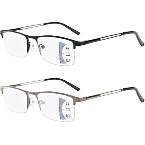 2 Pack Multifocus Progressive Reading Glasses Men, Blue Light No Line Bifocal Readers (for Mid-Near Range 3ft)