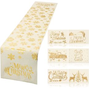 7 Pcs Gold Christmas Table Runner Placemats Set Gold Snowflake Christmas Decorations Merry Christmas Winter Gold Table Mat Set for Indoor Outdoor Kitchen Dining Holiday Table Decorations