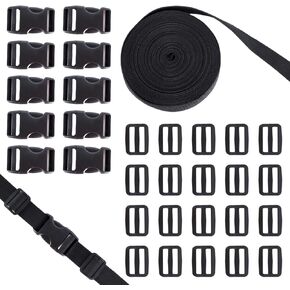 Buckles Straps Set 1 inch, LUNARUBBY Webbing Straps Polypropylene 11 Yards+10PCS Quick Side Release Plastic Buckles+20PCS Tri-Glide Slide Clip, Heavy Duty Straps with Buckles