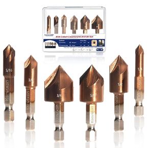 6PCS Countersink Drill Bit Set,M35 Cobalt HSS Countersink Bits,Stable 1/4''Hex Shank Counter Sink Drill Bit for Metal,Wood,Copper,Aluminum,Stainless Steel,1/4",5/16",3/8",1/2",5/8",and 3/4"