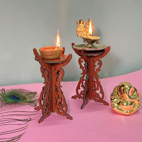 VDOHONEST Wooden Pooja Diya Stand, Home Temple Decor, Diya Wooden Stand,Mandir Diya,Diwali Diya Stand (Set of 2)
